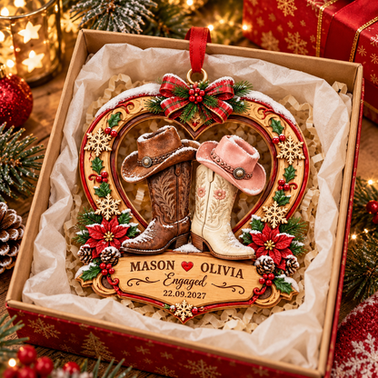 Personalized Western Cowboy Boots Christmas Ornament, Custom Couples Engaged, Country Heart Christmas Tree Hanging Decoration