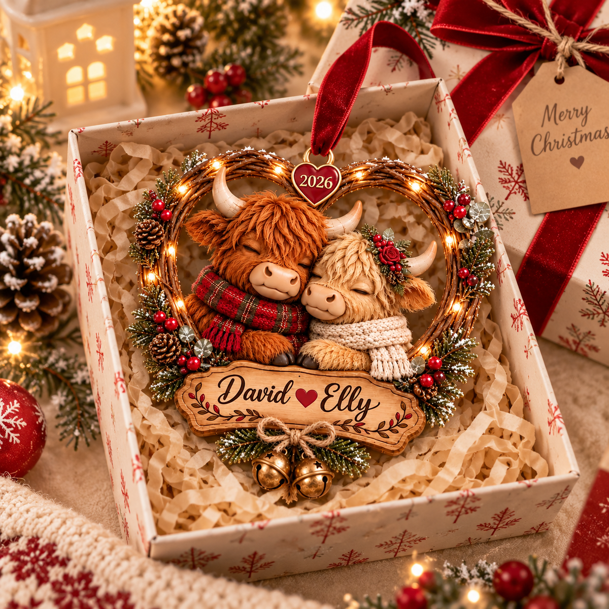 Custom Highland Cow Couple Christmas Ornament, Personalized Cute Cow Couple Ornament with Name