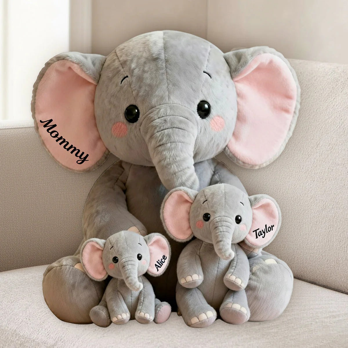 Mom, Grandma Elephant With Little Kids, Grandkids - Personalized Mom, Grandma Shaped Pillow