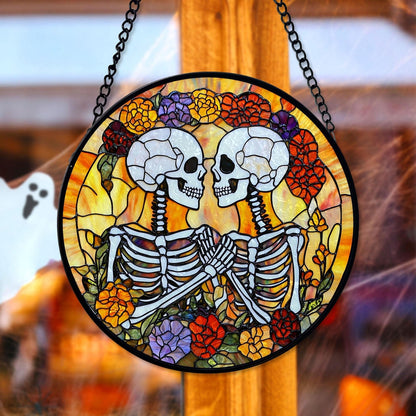 Skeleton Couple Halloween Stained Glass Suncatcher