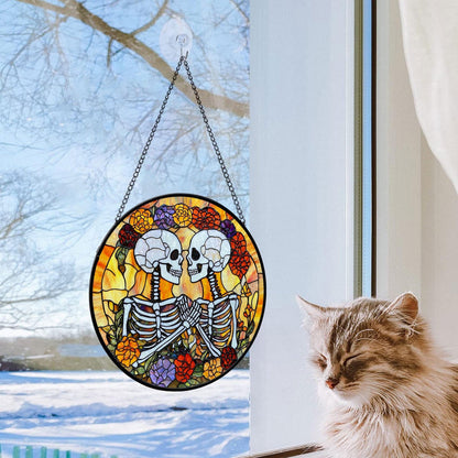 Skeleton Couple Halloween Stained Glass Suncatcher