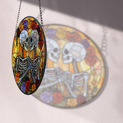 Skeleton Couple Halloween Stained Glass Suncatcher