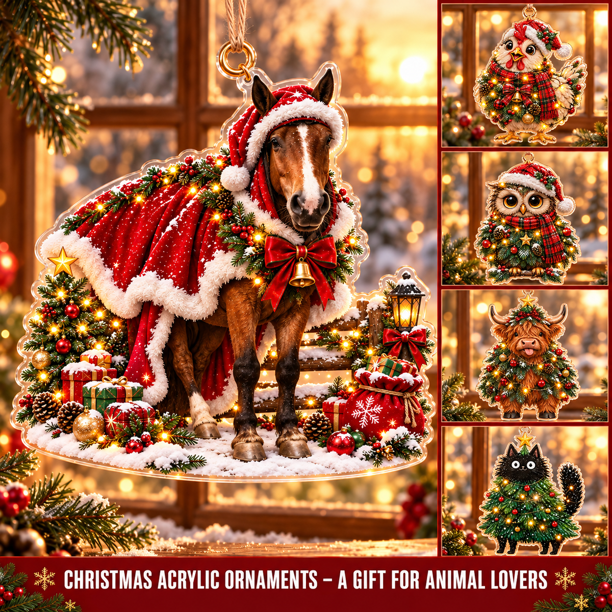 Christmas Animal Acrylic Ornament – Hanging Decoration, Gift for Animal Lovers