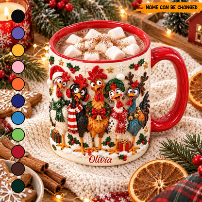 Personalized Christmas Chicken Mug, Custom Name Funny Rooster Holiday Coffee Cup