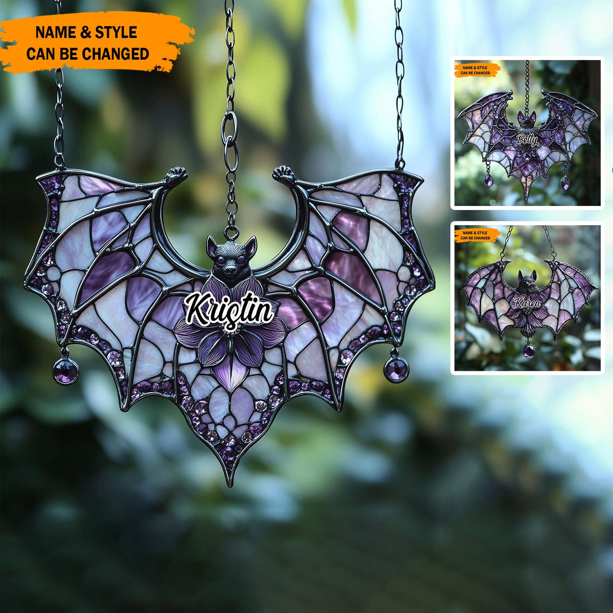 Personalized Gothic Bat Stained-Glass Suncatcher