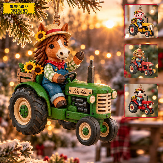 Personalized Farm Tractor Christmas Ornament, Custom Animal Driving Tractor Holiday Decoration, Farmer Horse Cow Pig Keepsake