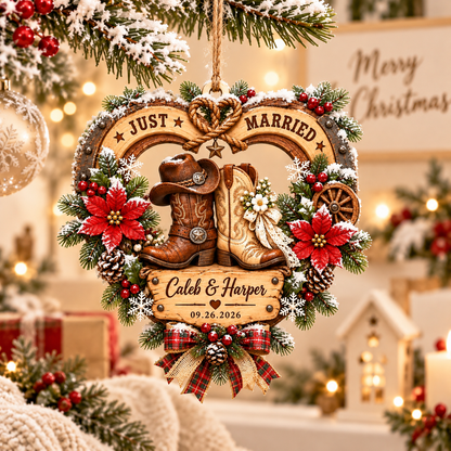 Western Just Married Ornament, Cowboy Wedding Keepsake, Personalized 2D Flat Ornament, Rustic Couple Gift, Country Wedding Decor