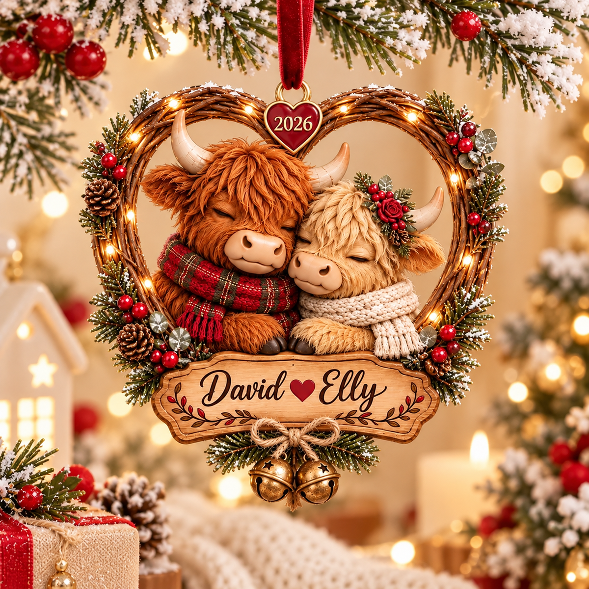 Custom Highland Cow Couple Christmas Ornament, Personalized Cute Cow Couple Ornament with Name