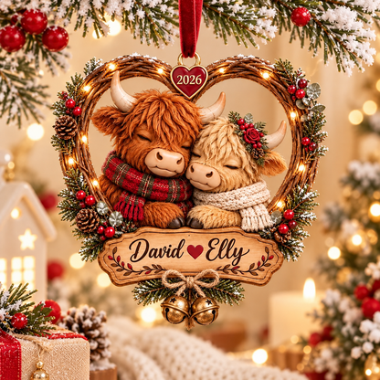 Custom Highland Cow Couple Christmas Ornament, Personalized Cute Cow Couple Ornament with Name