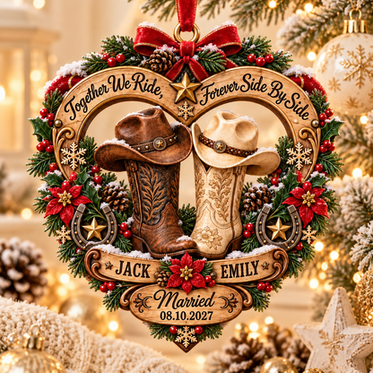 Western Cowboy Boots Married Christmas Ornament, Together We Ride Forever Side By Side