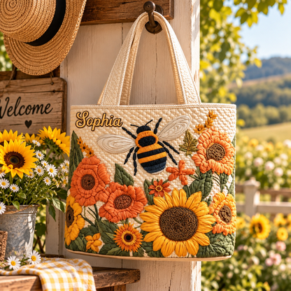 Personalized Bee and Sunflower Quilted Tote Bag, Custom Name Floral Beach Bag