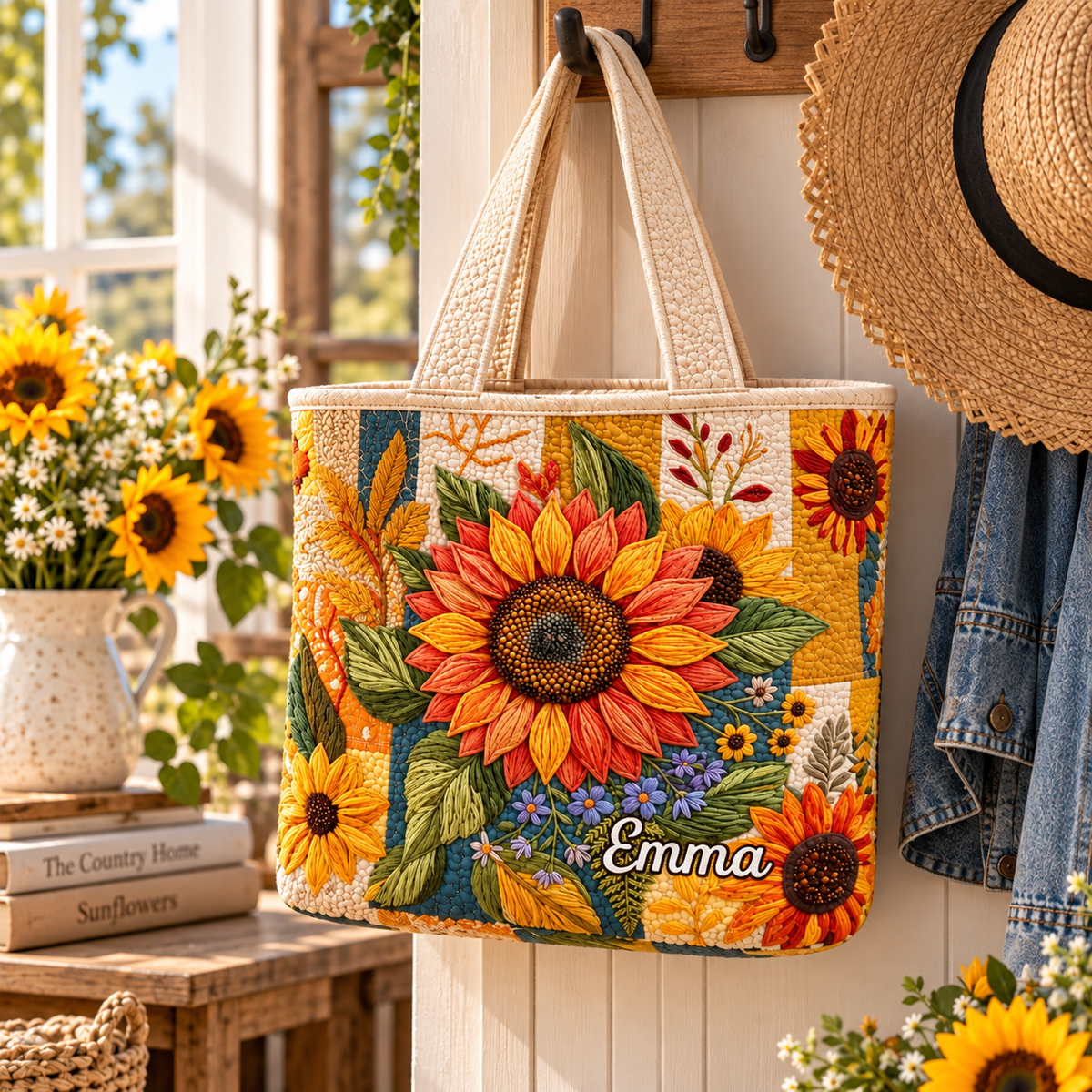 Personalized Sunflower Quilted Tote Bag, Custom Name Floral Beach Bag
