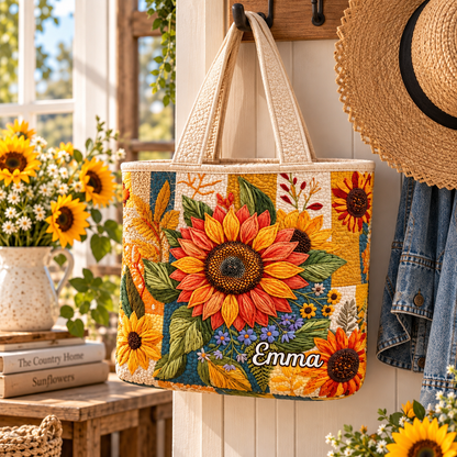 Personalized Sunflower Quilted Tote Bag, Custom Name Floral Beach Bag