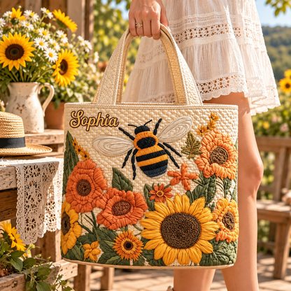 Personalized Bee and Sunflower Quilted Tote Bag, Custom Name Floral Beach Bag