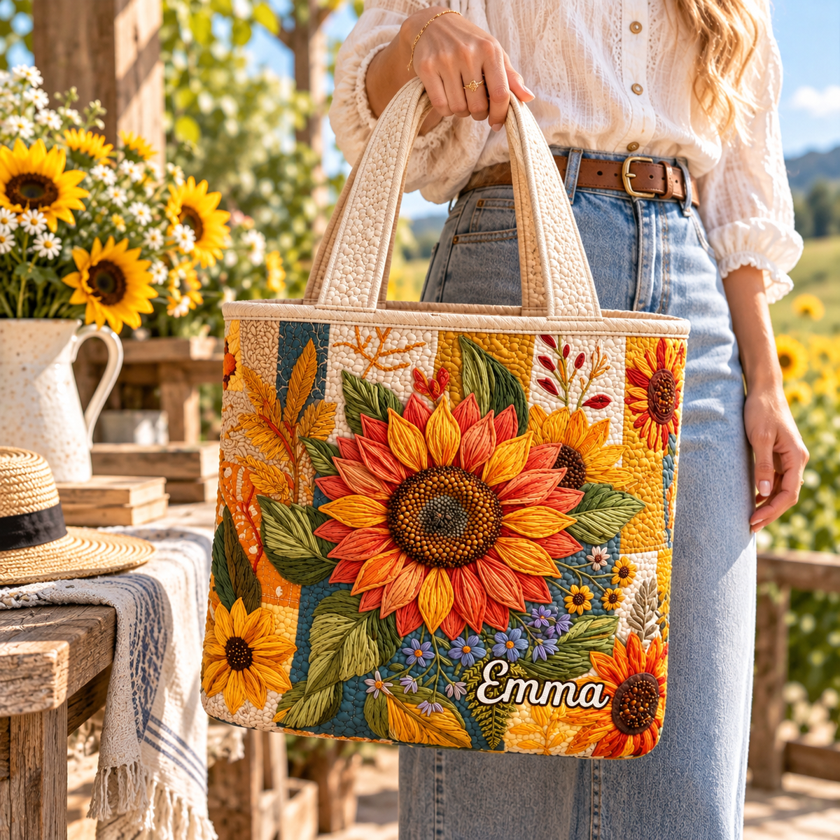 Personalized Sunflower Quilted Tote Bag, Custom Name Floral Beach Bag