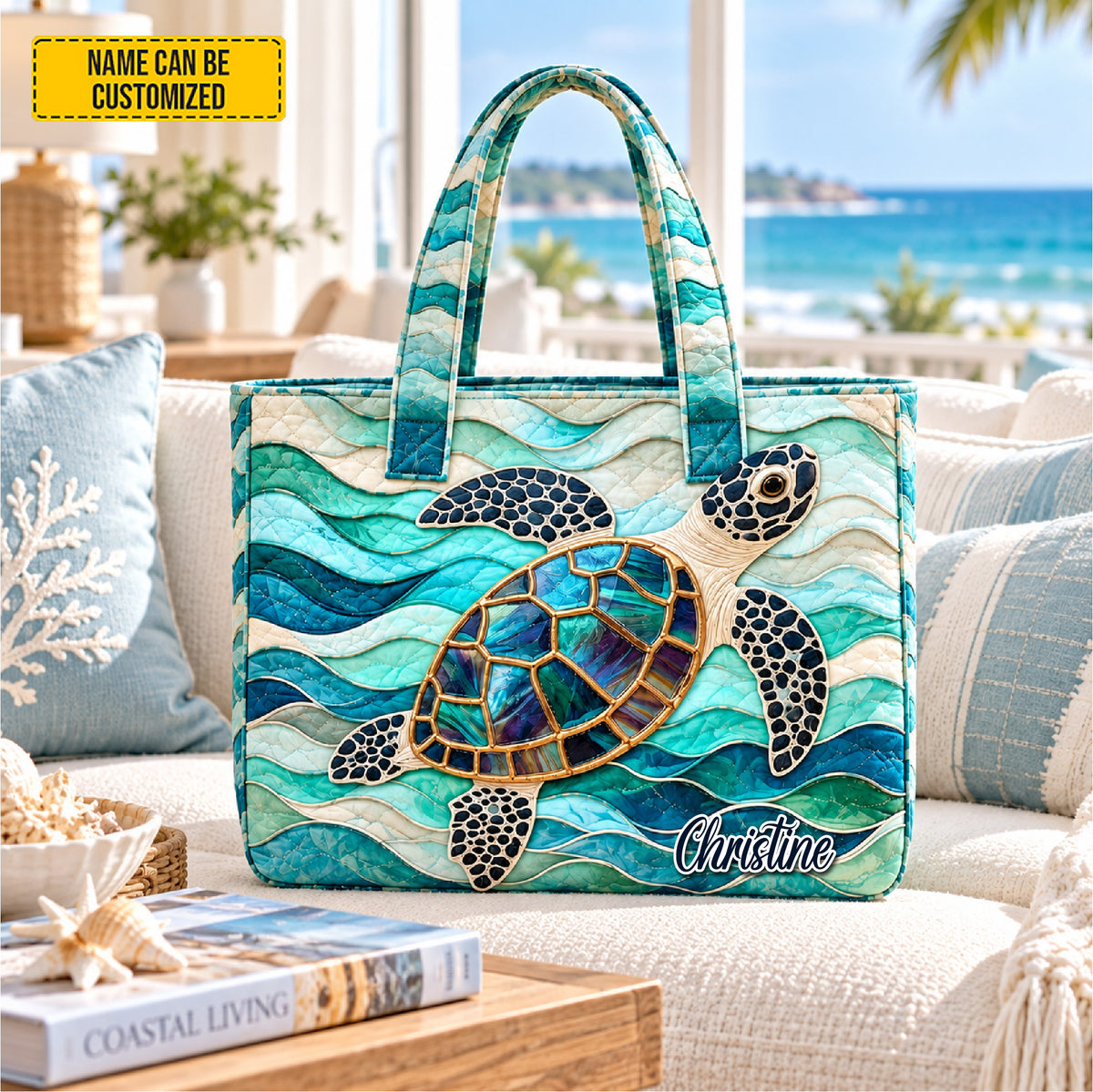 Personalized Ocean Turtle Quilted Tote Bag