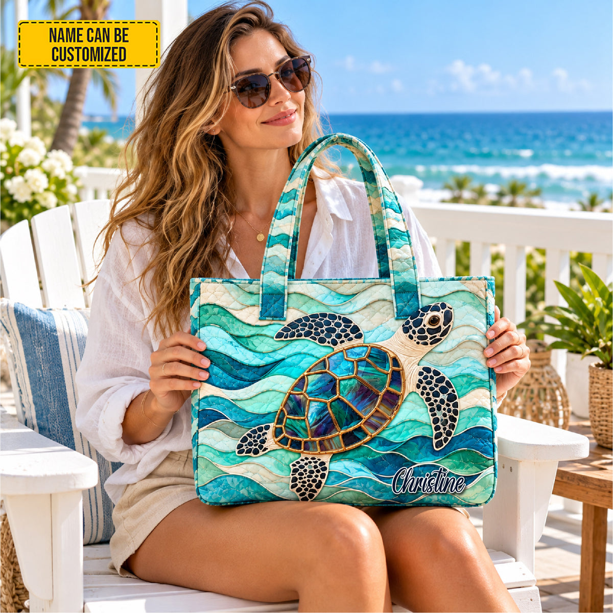 Personalized Ocean Turtle Quilted Tote Bag