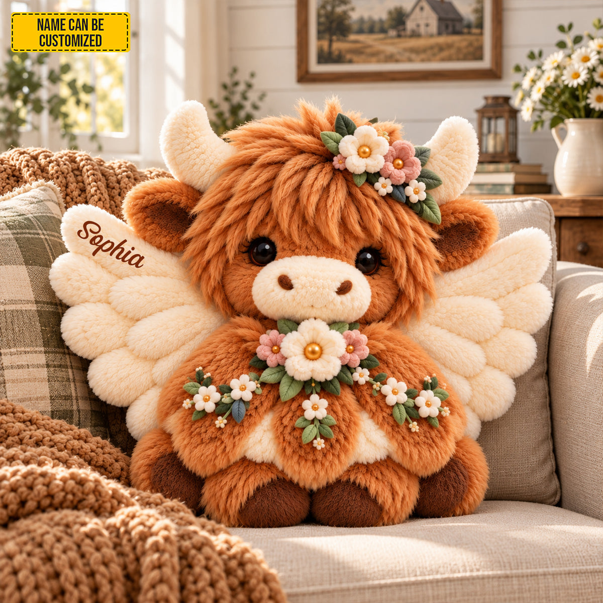 Personalized Floral Angel Highland Cow Pillow