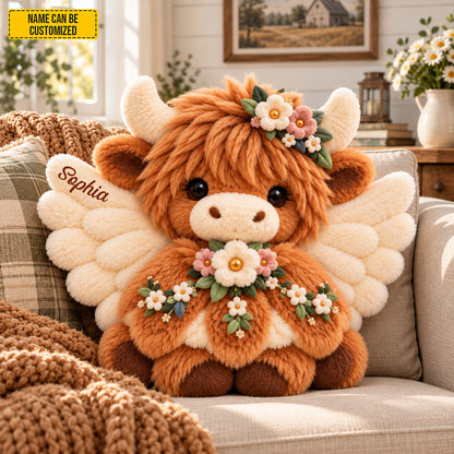Personalized Floral Angel Highland Cow Pillow