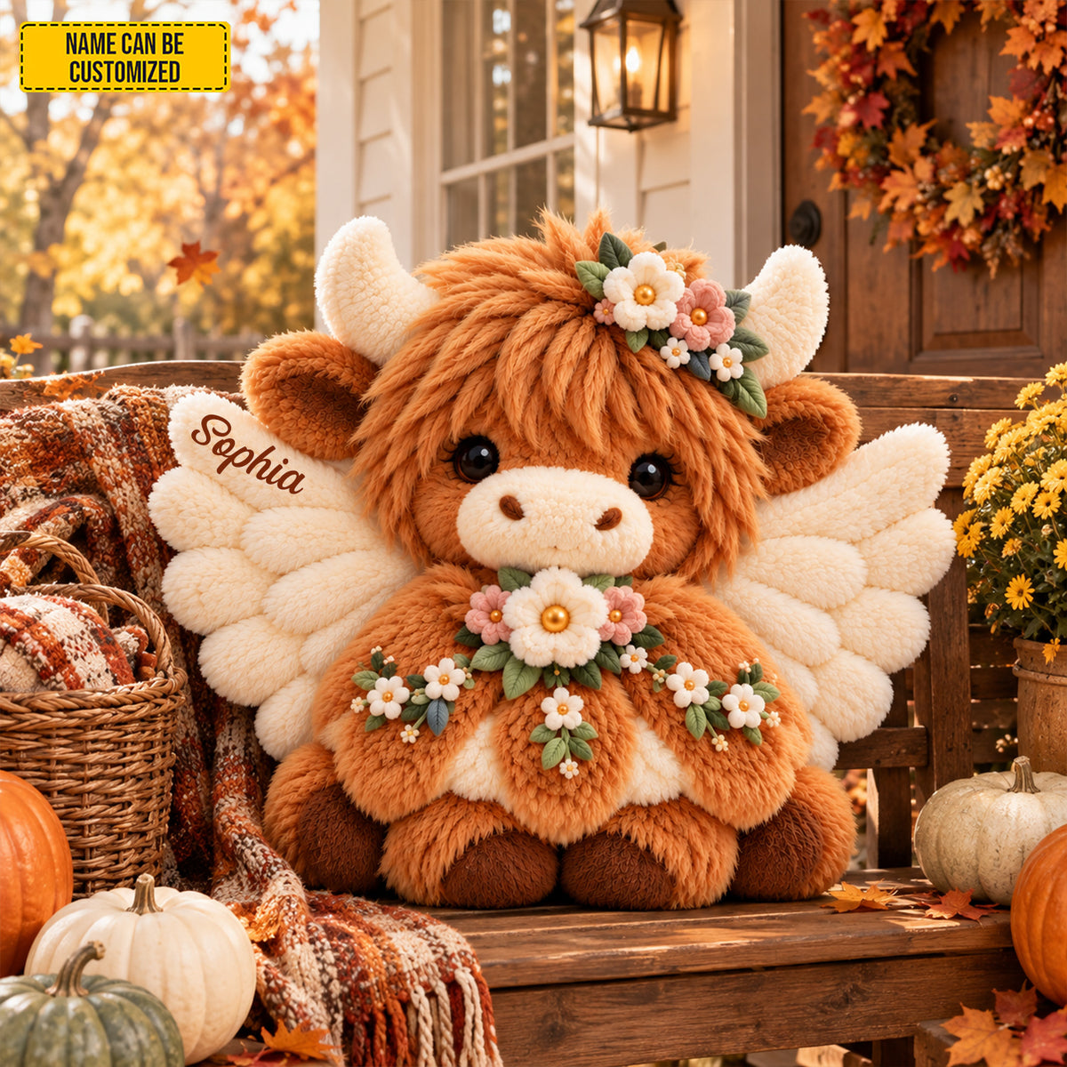 Personalized Floral Angel Highland Cow Pillow