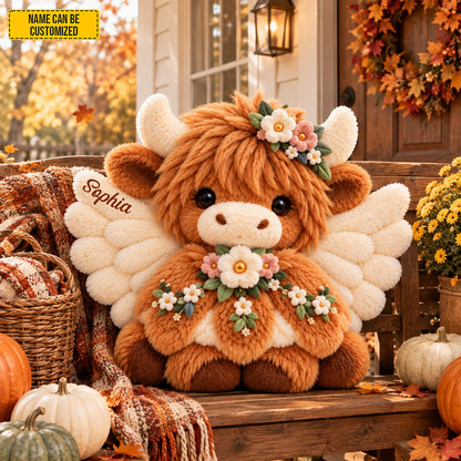 Personalized Floral Angel Highland Cow Pillow
