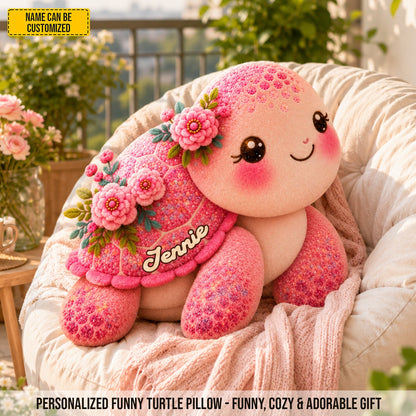 Blooming Turtle – Personalized Cute Pink Turtle Custom Shaped Pillow