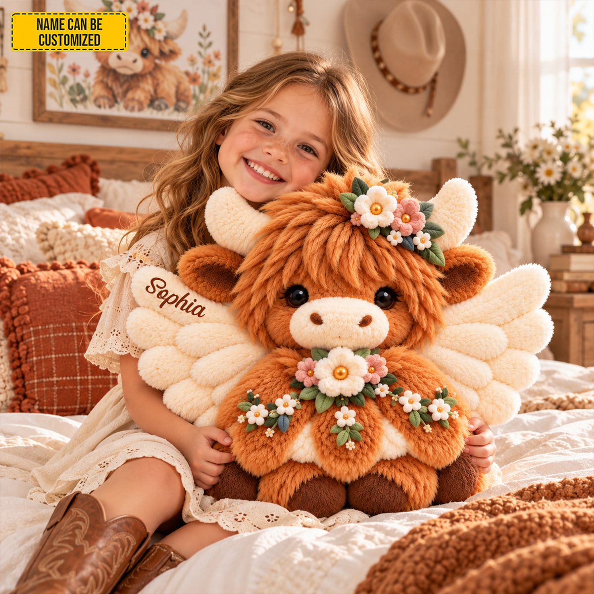 Personalized Floral Angel Highland Cow Pillow