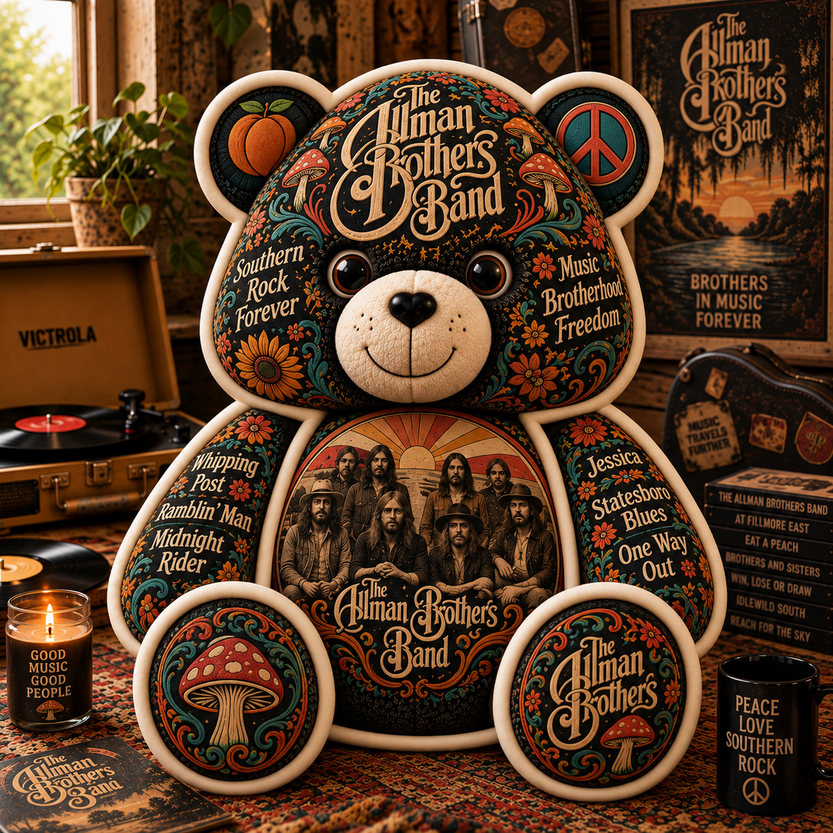 The Allman Brothers Band Southern Rock Bear Custom Shaped Pillow – Music Fan Gift, Classic Rock Collectible