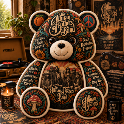 The Allman Brothers Band Southern Rock Bear Custom Shaped Pillow – Music Fan Gift, Classic Rock Collectible