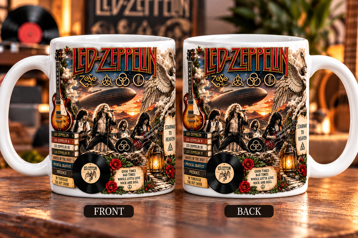 Led Zeppelin Edge-to-Edge White Mug – Classic Rock Inspired Gift Featuring Stairway to Heaven
