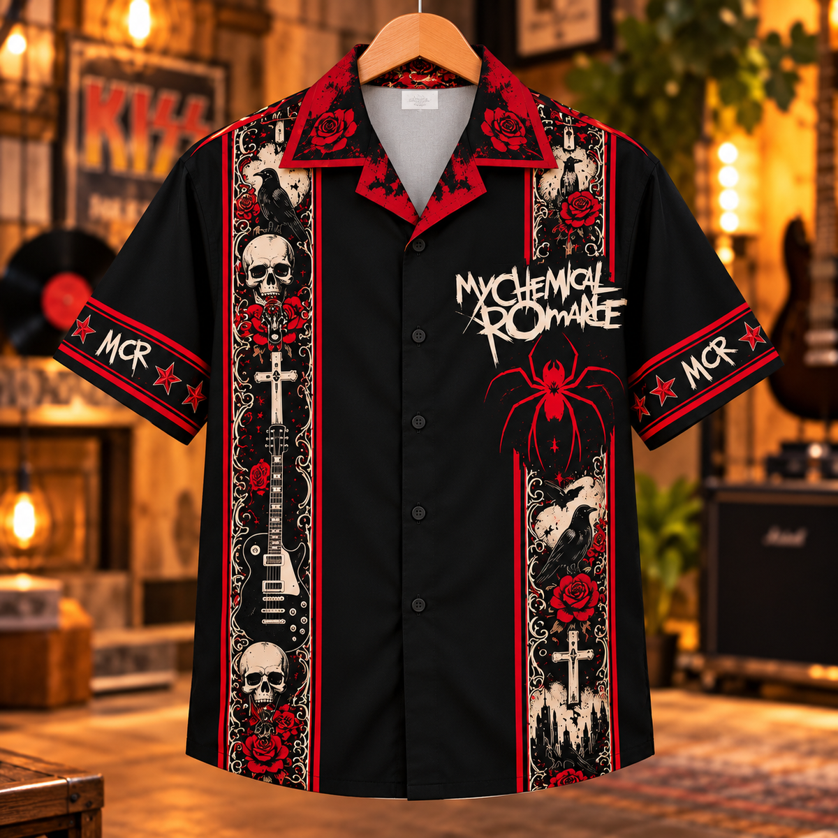My Chemical Romance Hawaiian Shirt – Gothic Emo Rock Inspired Gift Featuring The Black Parade, Red Roses, Skulls & Iconic MCR Symbols.