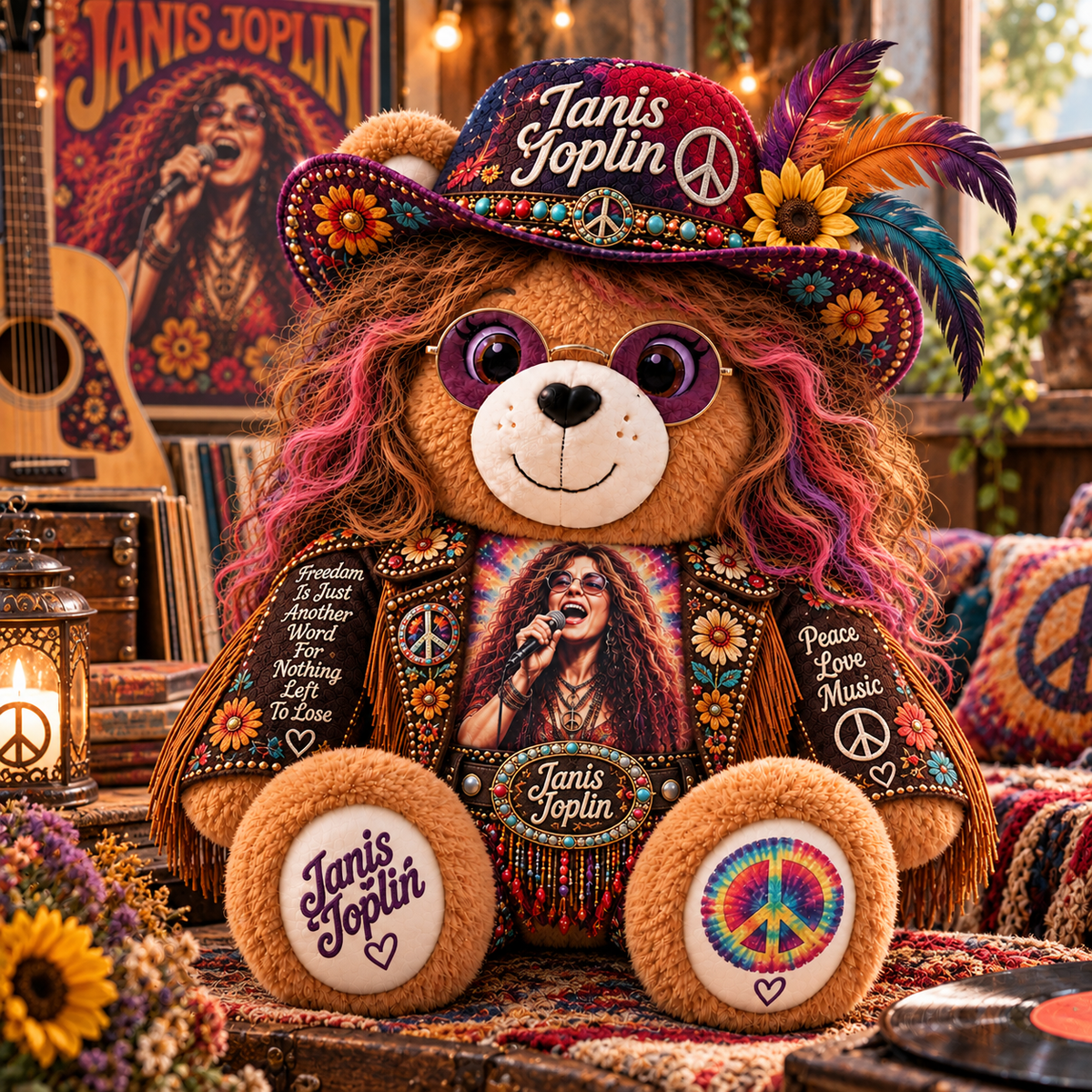 Janis Joplin Custom Shaped Bear Pillow – Unique Gift for Classic Music Lovers