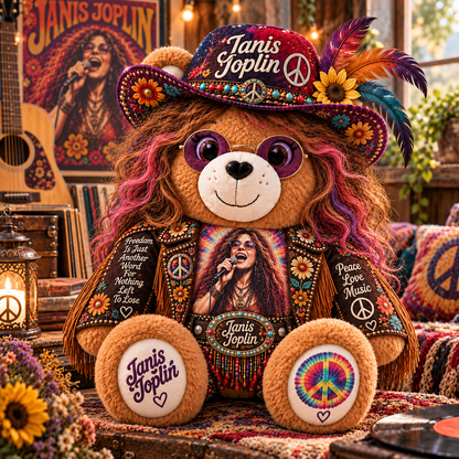 Janis Joplin Custom Shaped Bear Pillow – Unique Gift for Classic Music Lovers