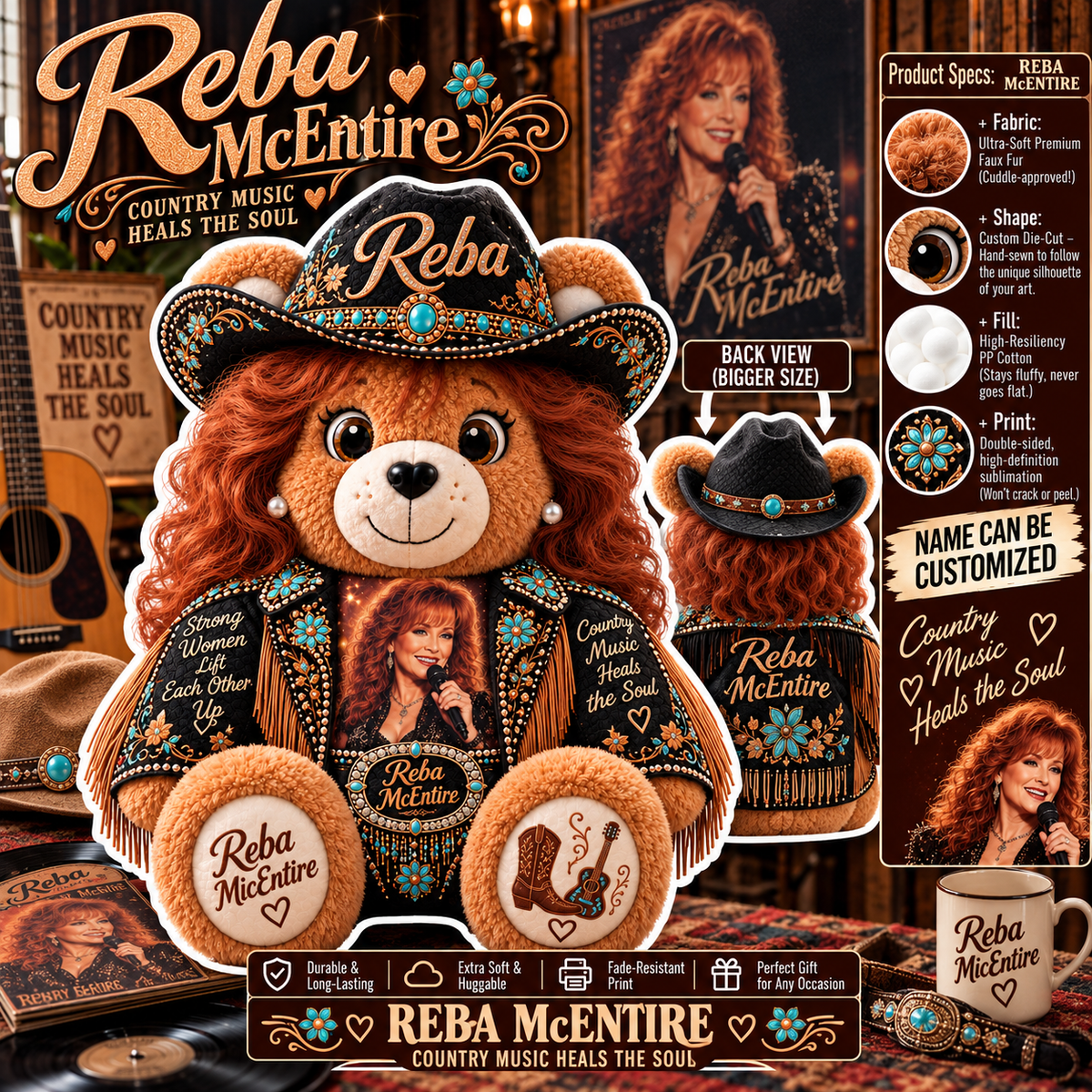 Reba McEntire Custom Shaped Bear Pillow – Unique Gift for Classic Music Lovers