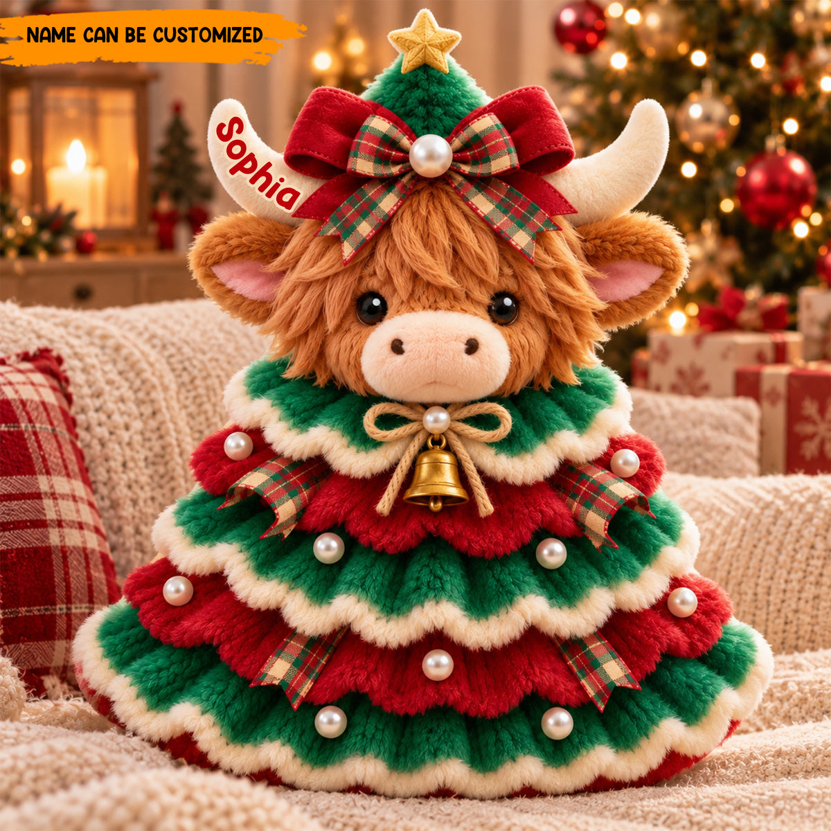 Personalized Christmas Highland Cow Custom Shaped Pillow