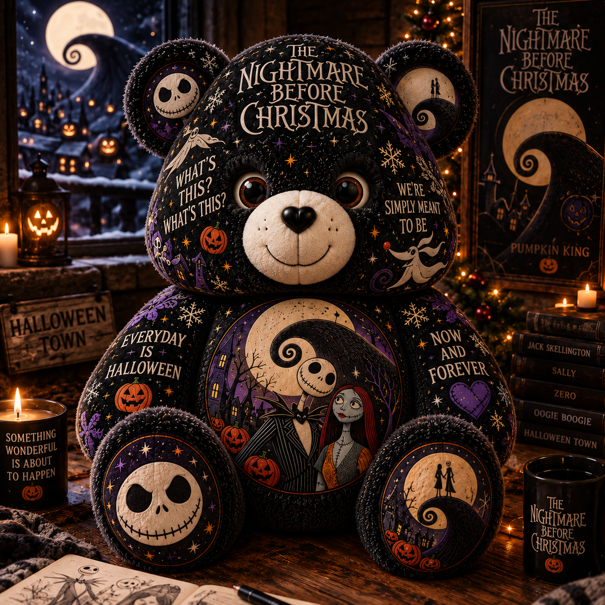 The Nightmare Before Christmas Bear Custom Shaped Pillow – Jack & Sally Halloween Fan Gift, Pumpkin King Gothic Christmas Collectible