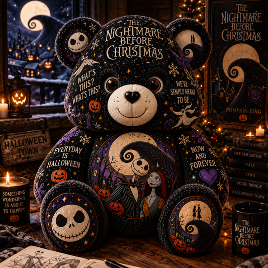 The Nightmare Before Christmas Bear Custom Shaped Pillow – Jack & Sally Halloween Fan Gift, Pumpkin King Gothic Christmas Collectible