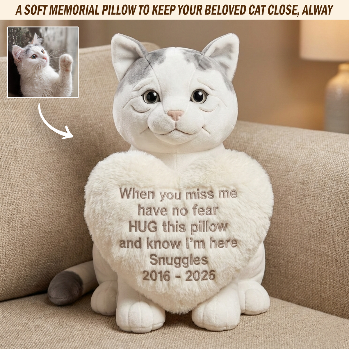 When You Miss Me – Personalized Cat Memorial Shaped Pillow