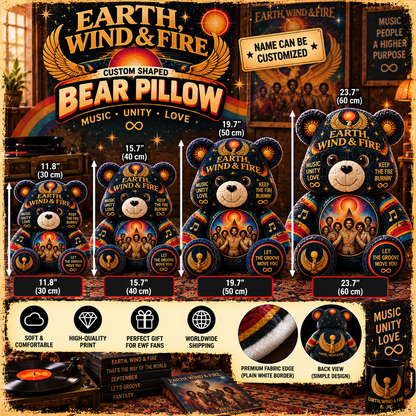 Earth, Wind & Fire Custom Shaped Bear Pillow – Unique Gift for Classic Music Lovers