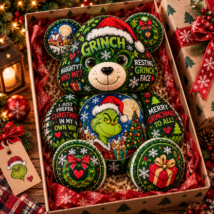 Grinch Christmas Custom Shaped Bear Pillow – Funny Grinchmas Teddy Bear, Festive Holiday Plush Pillow & Unique Christmas Gift for Grinch Lovers