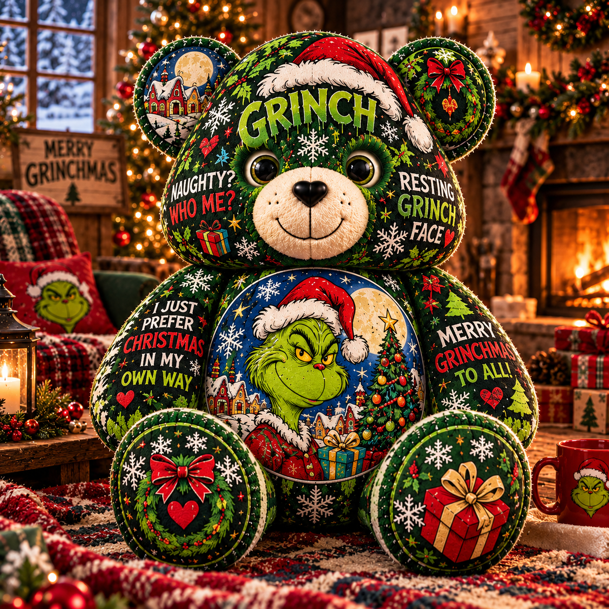 Grinch Christmas Custom Shaped Bear Pillow – Funny Grinchmas Teddy Bear, Festive Holiday Plush Pillow & Unique Christmas Gift for Grinch Lovers