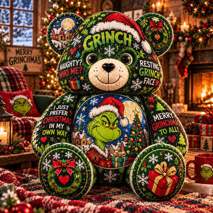 Grinch Christmas Custom Shaped Bear Pillow – Funny Grinchmas Teddy Bear, Festive Holiday Plush Pillow & Unique Christmas Gift for Grinch Lovers