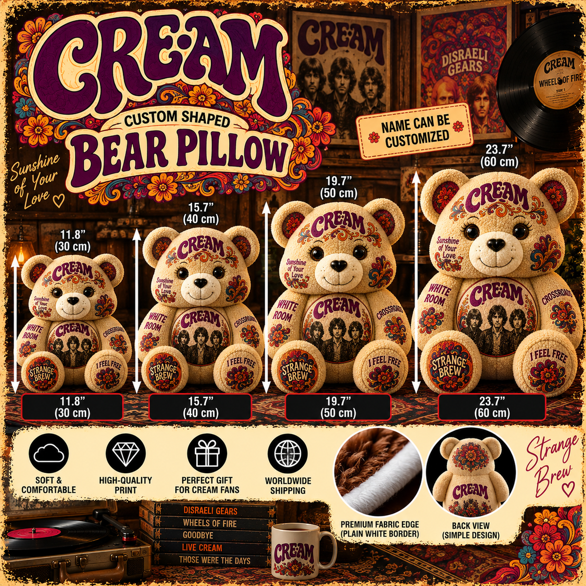 Cream Custom Shaped Bear Pillow – Unique Gift for Classic Music Lovers