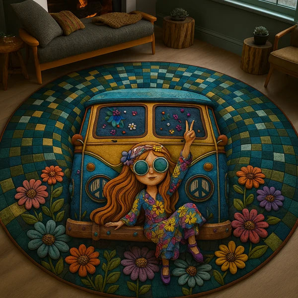 Groovy Hippie Girl Quilted Round Mat