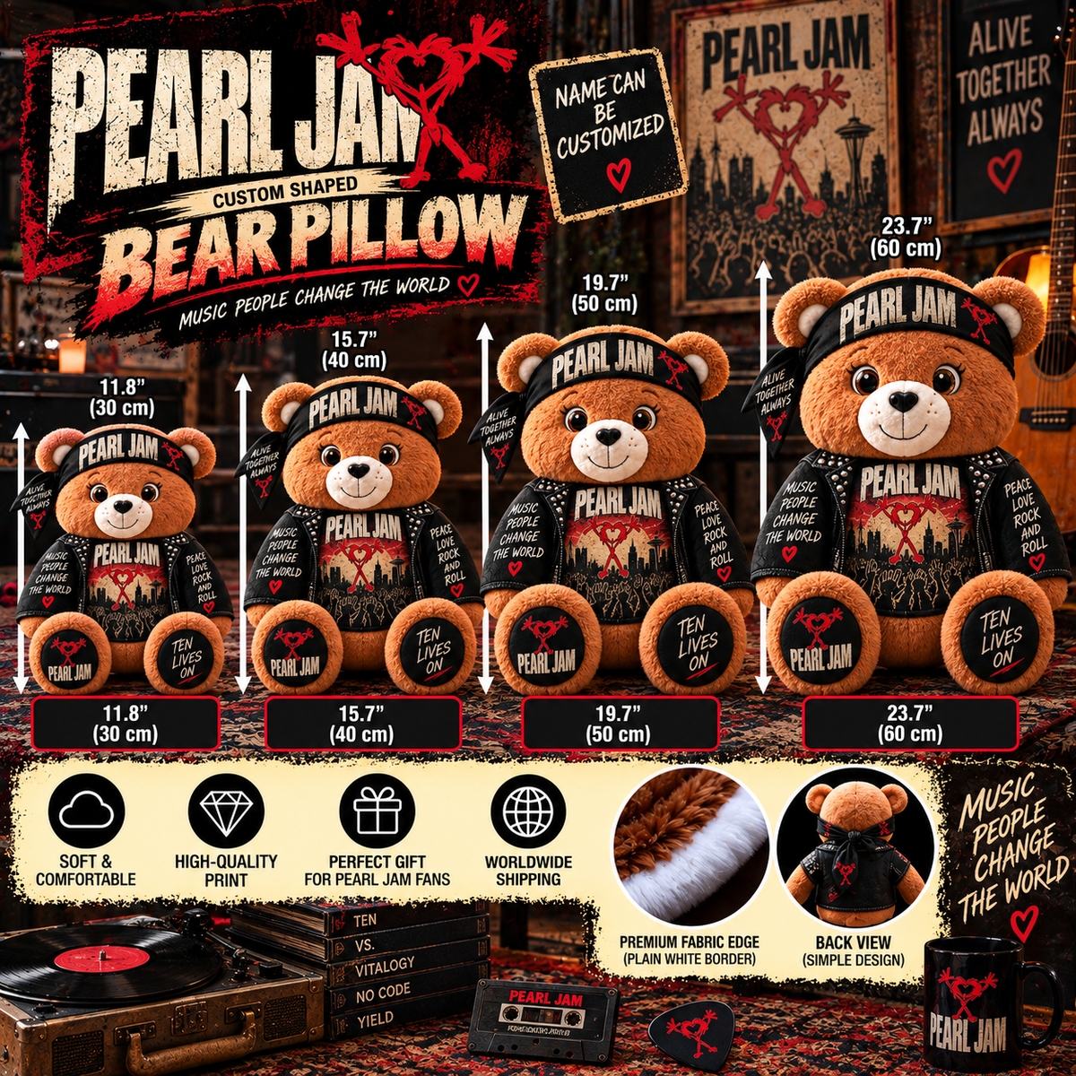 Pearl Jam Custom Shaped Bear Pillow – Unique Gift for Pearl Jam Fans & Classic Grunge Rock Lovers