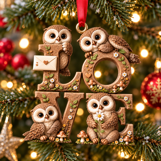 Cute Owl LOVE Christmas Ornament – Woodland Owl Family Hanging Decoration, Rustic Floral Keepsake & Heartwarming Gift for Owl Lovers