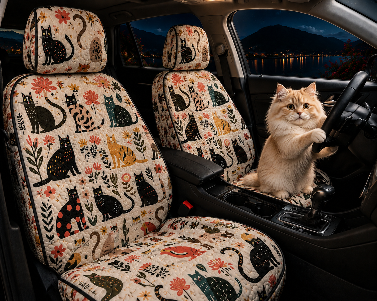 Whimsical Cats Car Seat Covers - Cute Floral Gift for Cat Moms & Cat Lovers