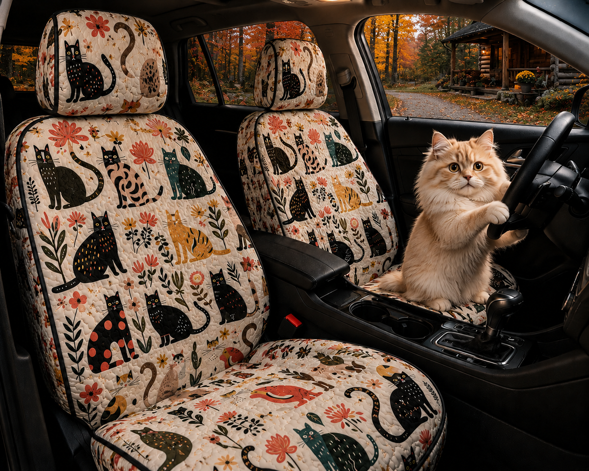 Whimsical Cats Car Seat Covers - Cute Floral Gift for Cat Moms & Cat Lovers