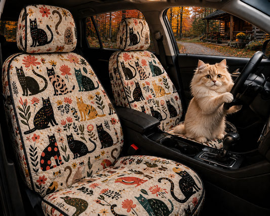 Whimsical Cats Car Seat Covers - Cute Floral Gift for Cat Moms & Cat Lovers