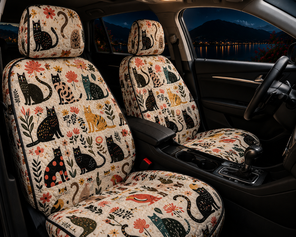 Whimsical Cats Car Seat Covers - Cute Floral Gift for Cat Moms & Cat Lovers